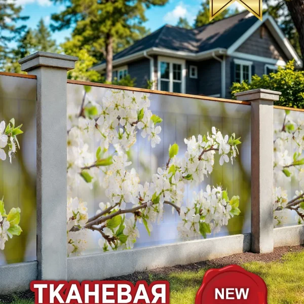 Фотосетка для забора цветущая яблоня